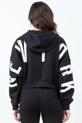 Letter Graphic Long Sleeve Drawstring Cropped Hoodie