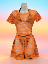 Trendy breathable fishnet cover-up shorts set in orange, perfect for swimwear.