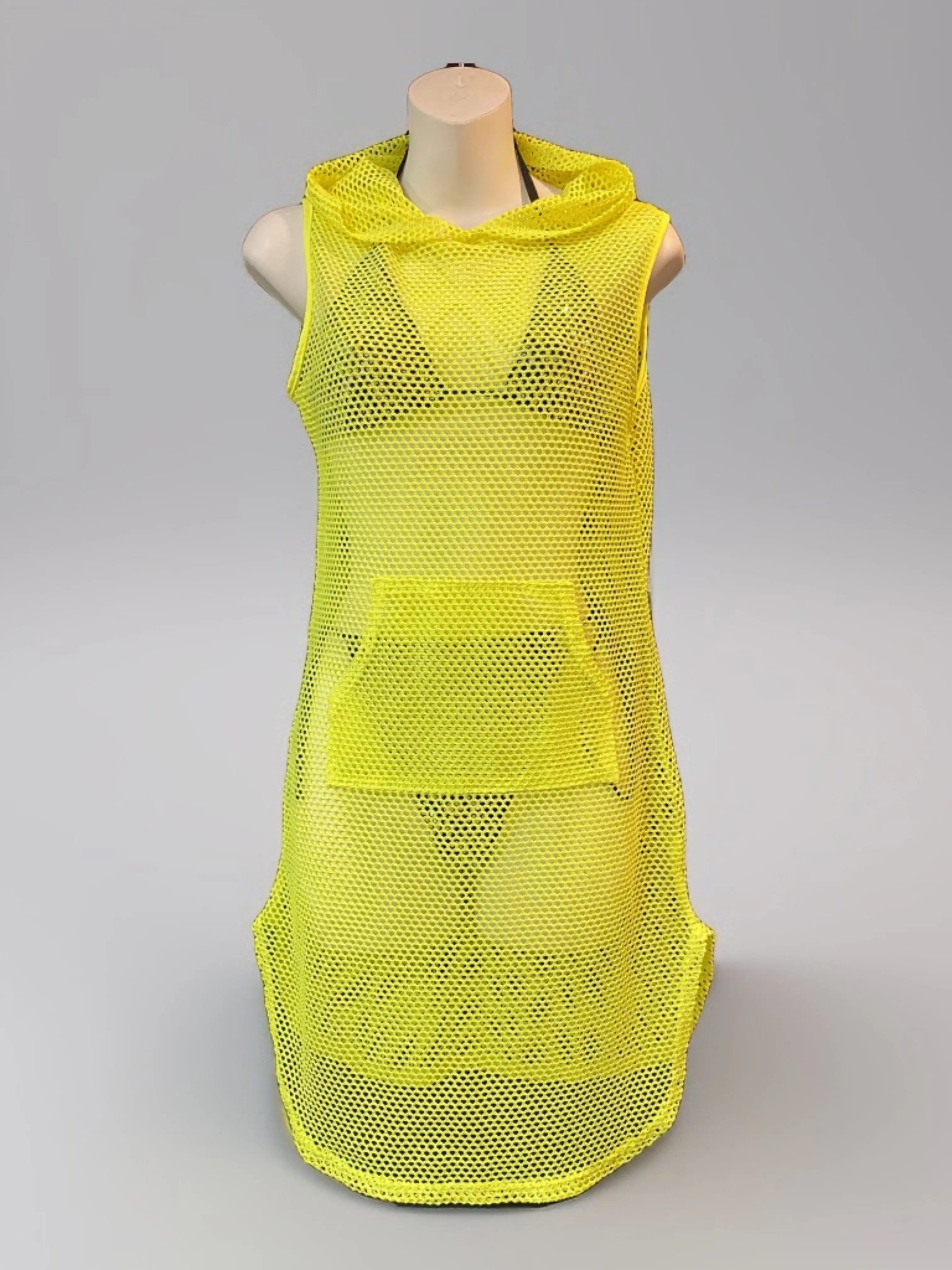 Ashley Cover-Up Hoodie in yellow fishnet fabric, ideal for beachwear.