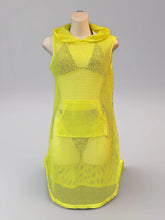 Ashley Cover-Up Hoodie in yellow fishnet fabric, ideal for beachwear.