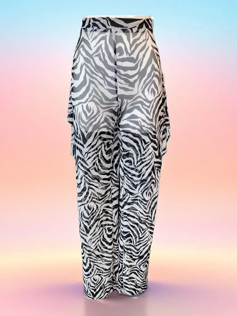 Outstanding Sheer Cover-Up Pants with zebra print, perfect for summer outings and beach days.