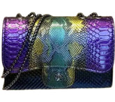 Colorful snakeprint handbag with chain strap, featuring a bold and fierce design for stylish sophistication.