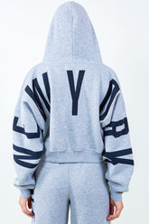 Letter Graphic Long Sleeve Drawstring Cropped Hoodie