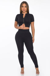 2 Pcs Seamless Zipper Crop Top and Highwaist Legging Set