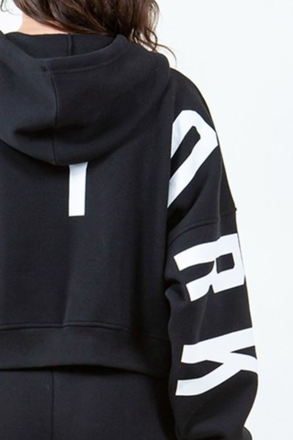 Letter Graphic Long Sleeve Drawstring Cropped Hoodie
