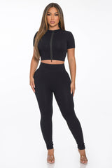 2 Pcs Seamless Zipper Crop Top and Highwaist Legging Set