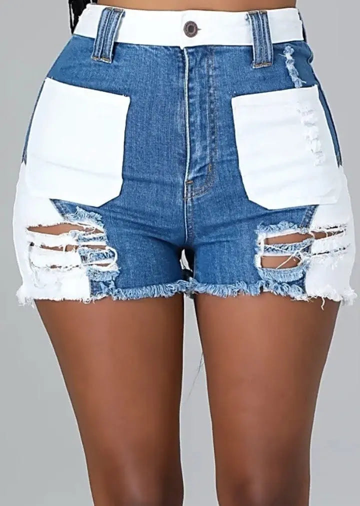 High Rise Color Block Denim Shorts with distressed detailing for women.