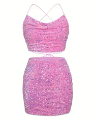 Pink sequin Birthday Vibes Skirt Set with flattering fit and breathable material.