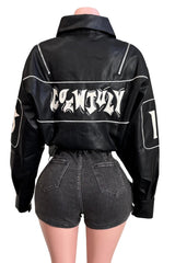 Game On Cropped Varsity Faux Leather Jacket
