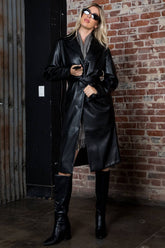 Luxurious Faux Leather Trench Coat With Belt