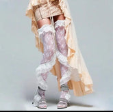 Elegant Lace Ruffle Thigh Highs for women with delicate ruffle design.