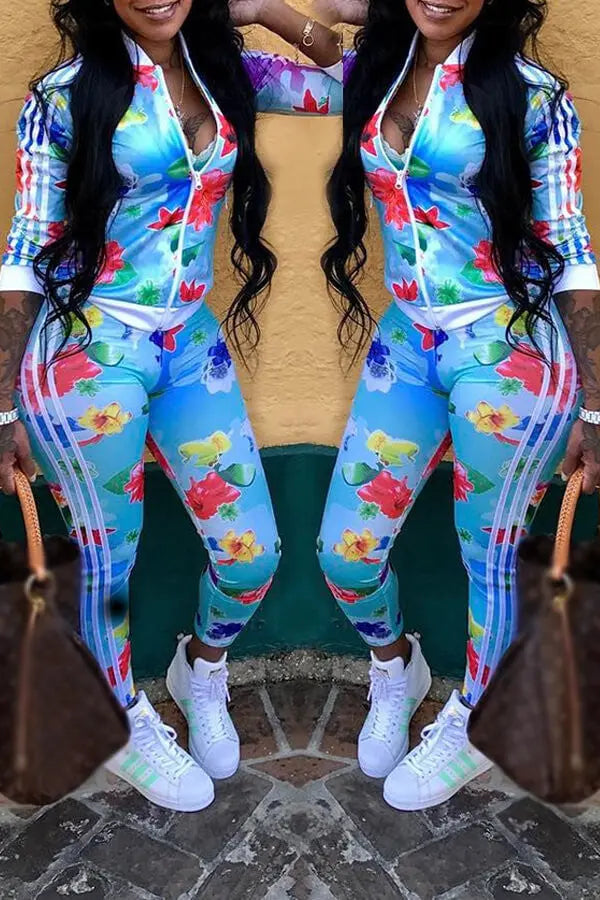 Floral printed blue tracksuit pants set in sizes L, XL, XXL.