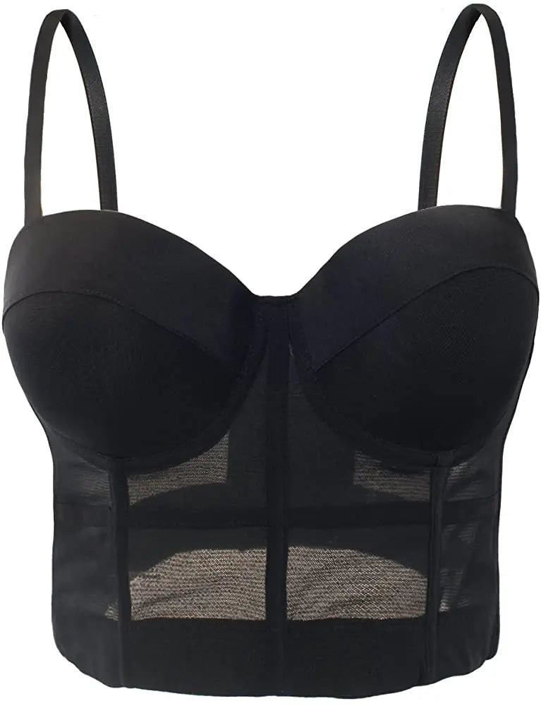 Sheer Influence Mesh Bustier with breathable material and removable straps.