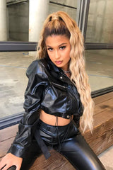 Womens faux leather jacket with sleek design and comfortable fit.