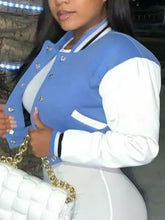 Womens trendy sporty crop jacket in blue and white.