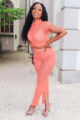 Top Girl Mesh Set in coral, breathable cover-up pants and top.
