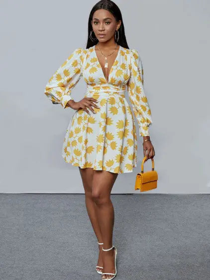 Image & Stylez LLC-Neck Mini Floral DressLovely V-Neck Mini Floral DressWear To Dinner Or Clubbing Of Your Likes, Lovely Floral DressClothing Accessories