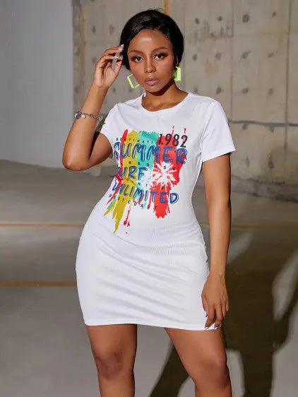 Women's Sweet Letter Print Dress with colorful graphic design.