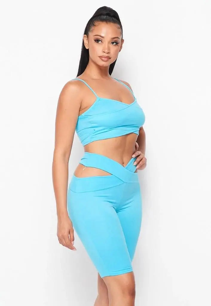 Sexy Biker Shorts Set with Spaghetti Strap Crop Top in Blue