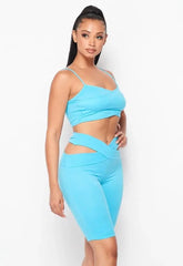 Sexy Biker Shorts Set with Spaghetti Strap Crop Top in Blue