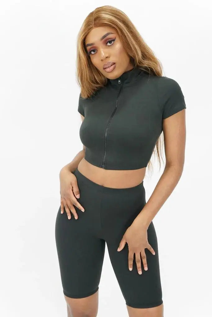 Biker zip-up crop top set with shorts, comfy and breathable.