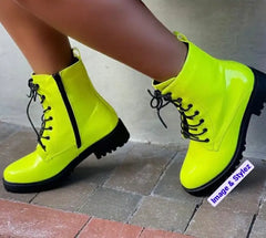 Bright yellow lace-up combat boots with black soles, Straight Vibes Boots.