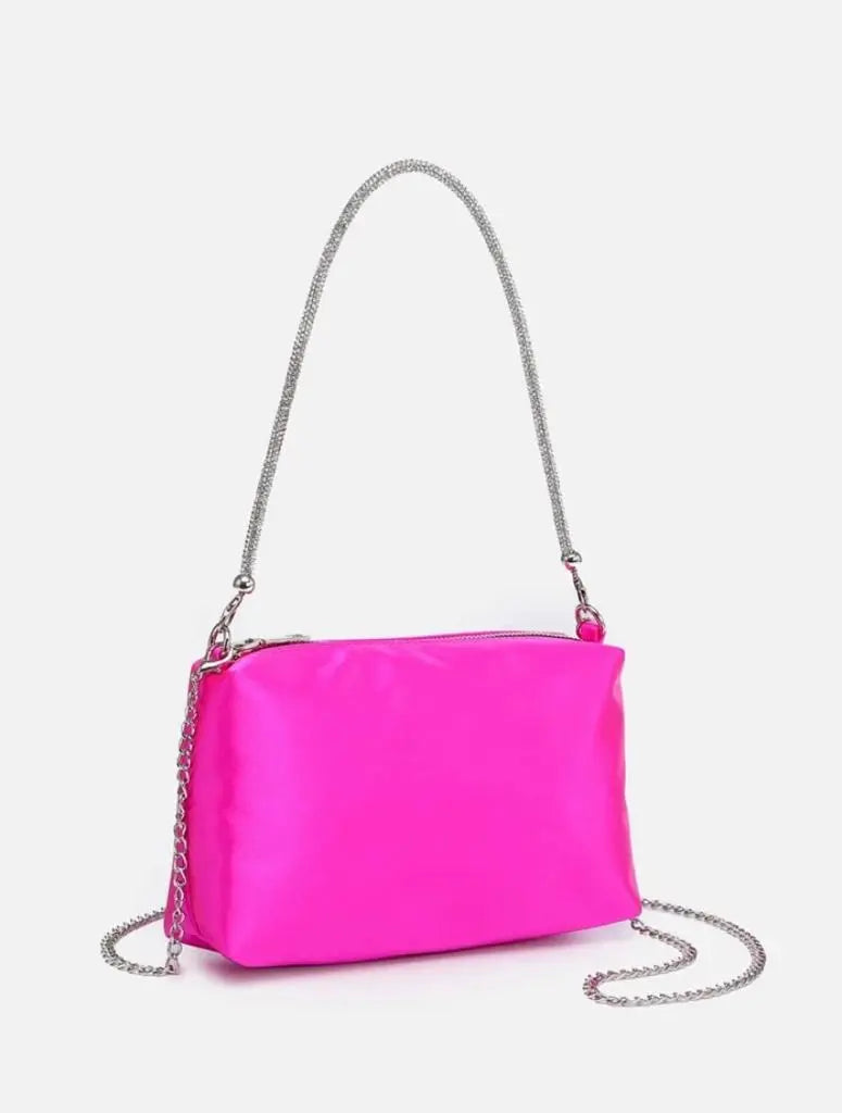 Pink satin shoulder bag with a blinged handle and chain, Luxe Lifestyle Bag.