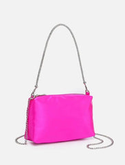 Pink satin shoulder bag with a blinged handle and chain, Luxe Lifestyle Bag.