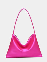 Chic satin zippered shoulder bag in vibrant pink.