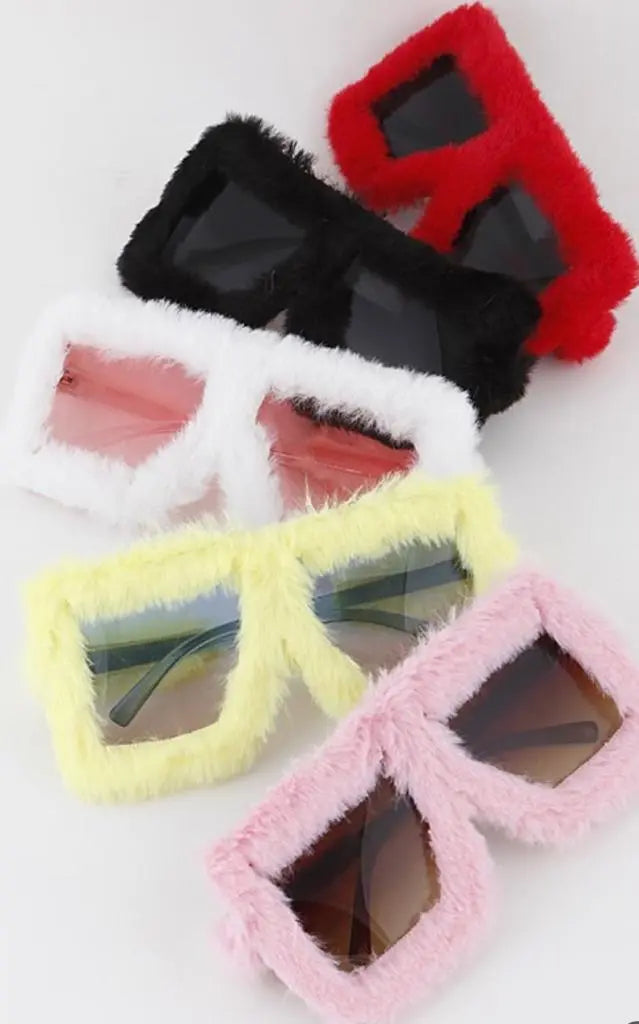 Colorful fuzzy sunglasses in trendy, fashionable styles.