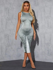 Trendy bodycon sleeveless boo dress with silhouette design.