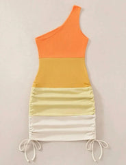Sweet Peaches Dress with one shoulder and color-block design, featuring ruched sides.