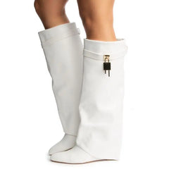 Image & Stylez LLCLock High Wedge BootCity on Lock High Wedge BootThese Wedge Boots are giving Sexy and Chic vibes.
True to size Drape Over Pointed Toe High Heel Wedge Cover Up Fold Over Knee High Boots Heel Height Approx. 3" Boot