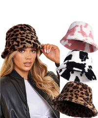 Fluffy faux fur bucket hat in various colors for women's winter fashion.