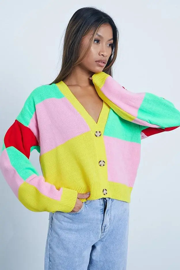 Chill Color Block Knitted Cardigan with vibrant design and button closure.