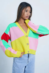 Chill Color Block Knitted Cardigan with vibrant design and button closure.