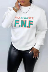 Long sleeve sweater with letter print design in white.