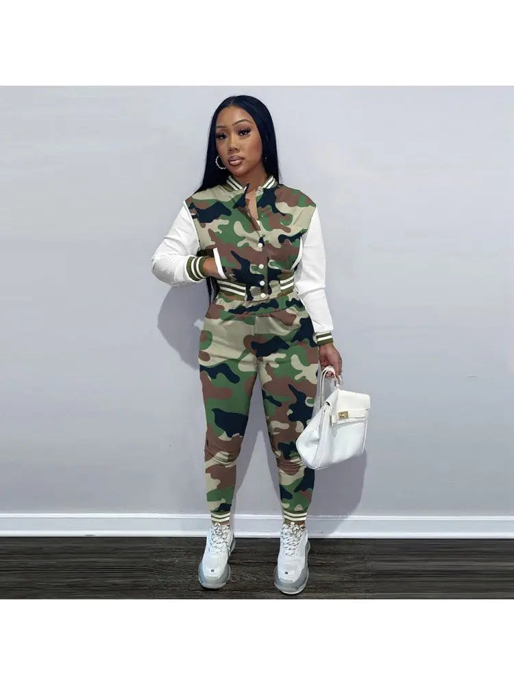 Women's Camouflage Joggers Set with white accents, casual and fitted design.
