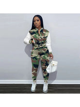 Women's Camouflage Joggers Set with white accents, casual and fitted design.