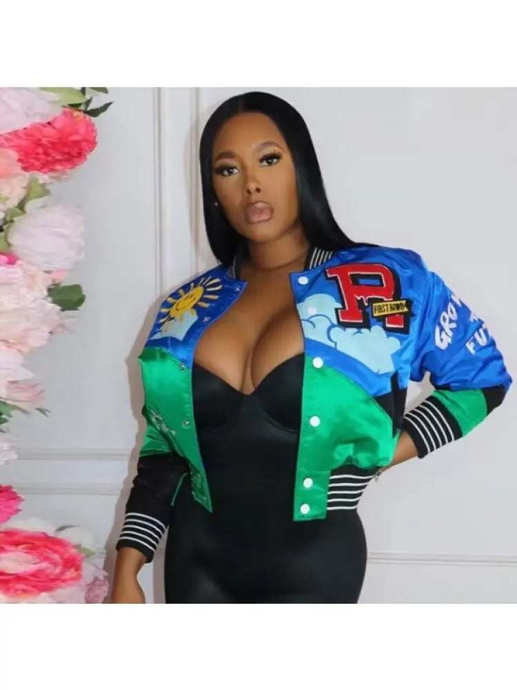 Dream Team Jacket in colorful varsity style with satin-like texture.