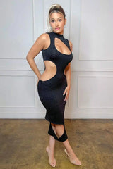 Black Prime Time Cut Out Dress in size L with stylish design.