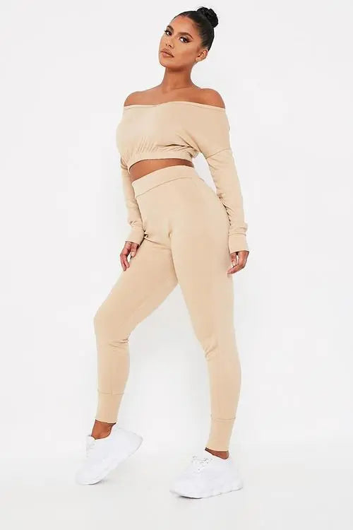 Long sleeve V-neck lounge set in beige, trendy and comfy design.
