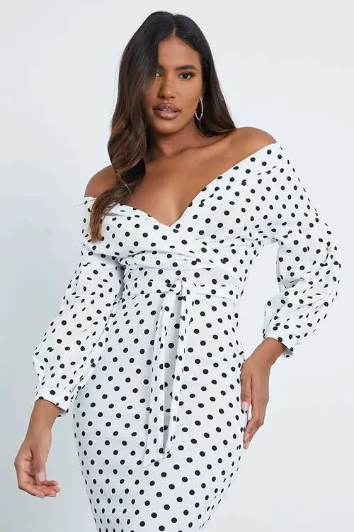 Womens Polka Dot Wrap Bodycon Dress with long sleeves and V-neckline.