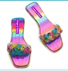 Colorful crystal embellished flat Candy Bling Sandals.