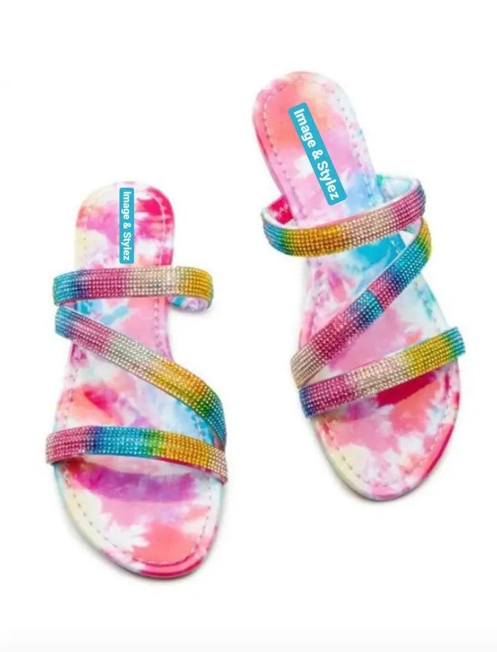 Embellished rainbow colored flat sandals, Simply Gorgeous Sandals.