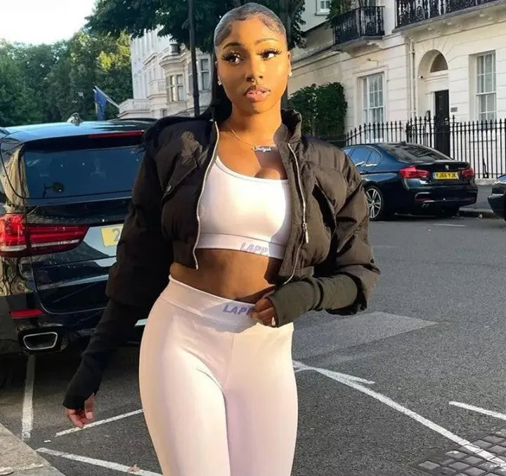 Fly Cropped Bubble Jacket with long knit sleeves and high neckline.