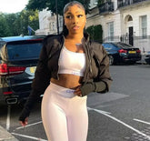 Fly Cropped Bubble Jacket with long knit sleeves and high neckline.