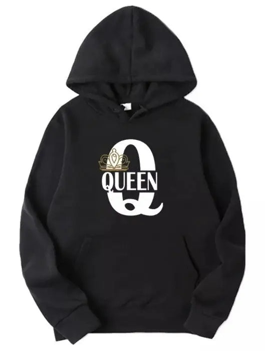Stylish black royal hoodie with queen crown design, cozy fleece lining.