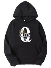 Stylish black royal hoodie with queen crown design, cozy fleece lining.