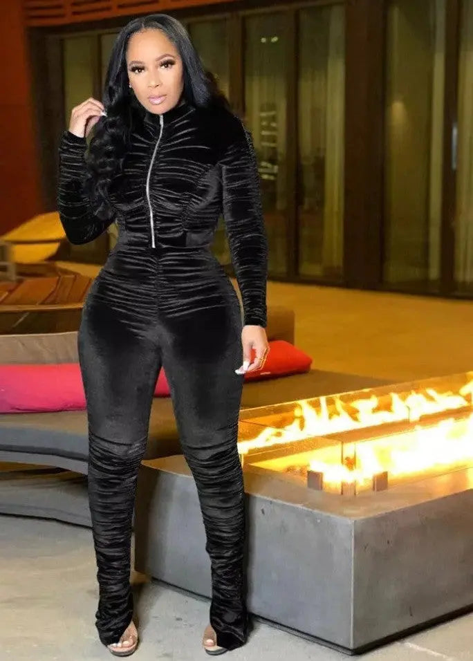 Women's Sassy Velour Pants Set in Luxe Comfy Black.